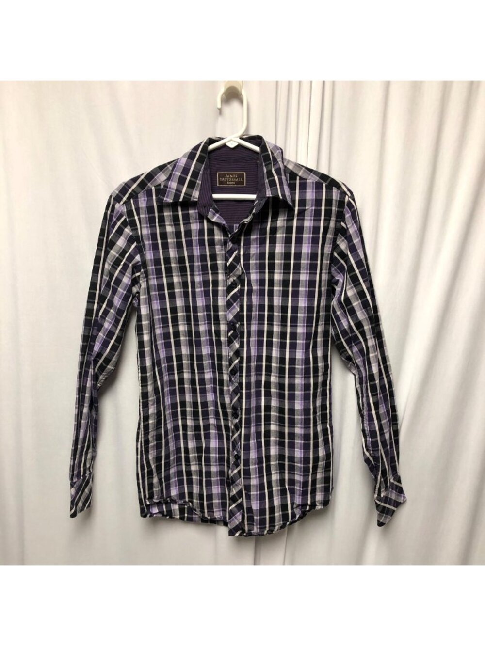 James Tattersall London Dress Shirt Mens Size Small Button Up Purple Black Plaid